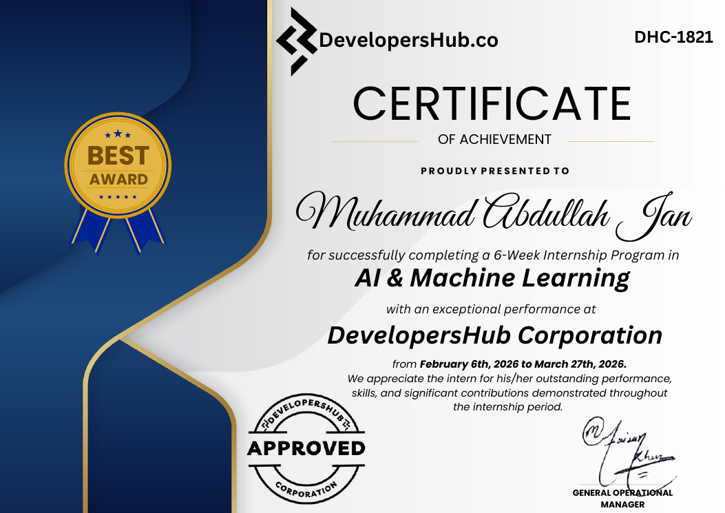 DevelopersHub internship certificate